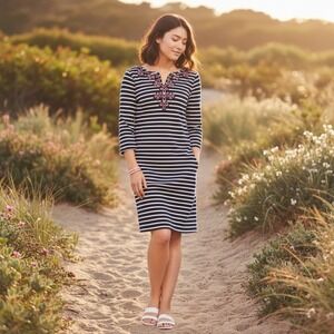 Talbots Navy Blue Stripe Embroidered Lace Neckline Shift Dress M Petite Vacation